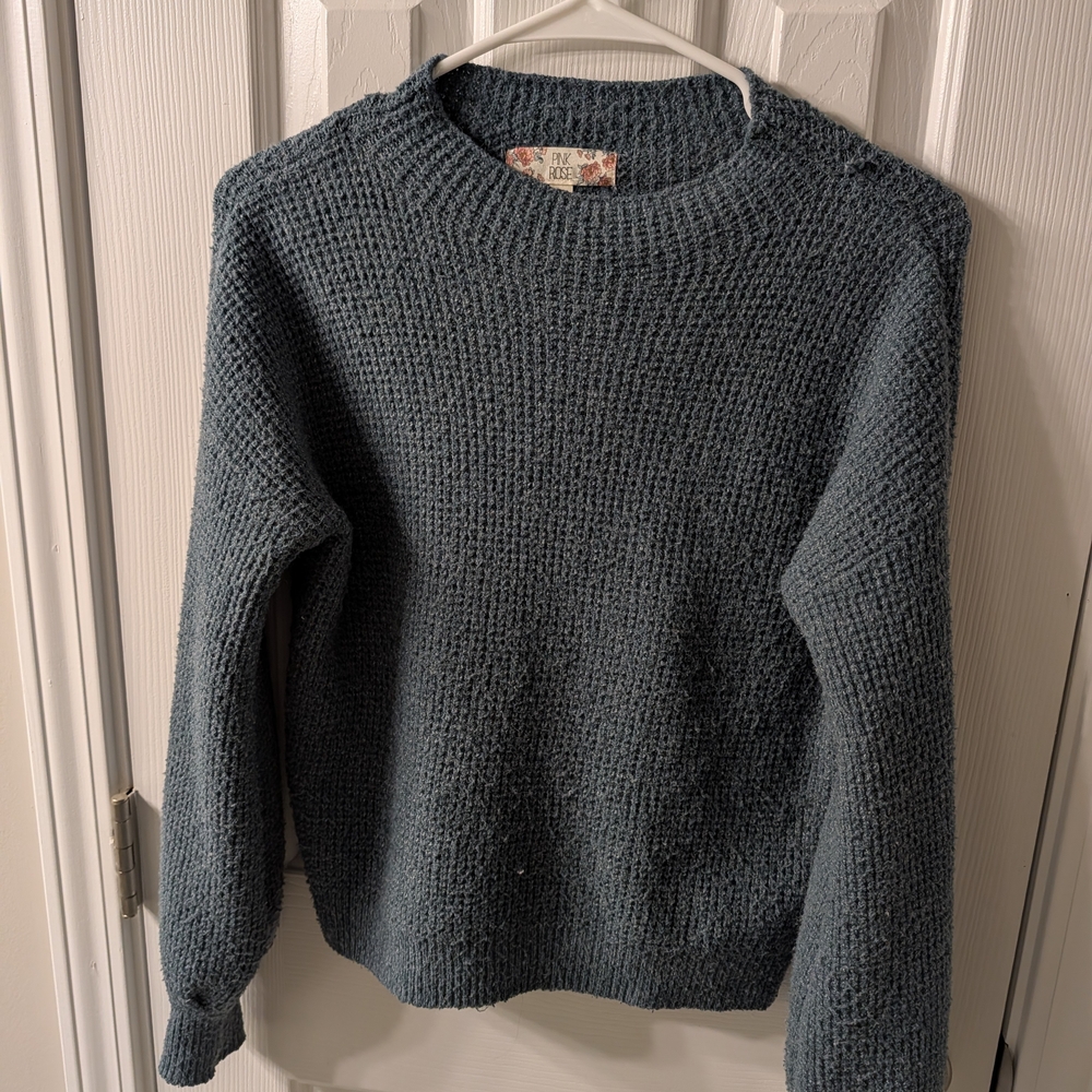 Pink Rose brand super soft fleece lantern sleeve sweater dusty slate blue